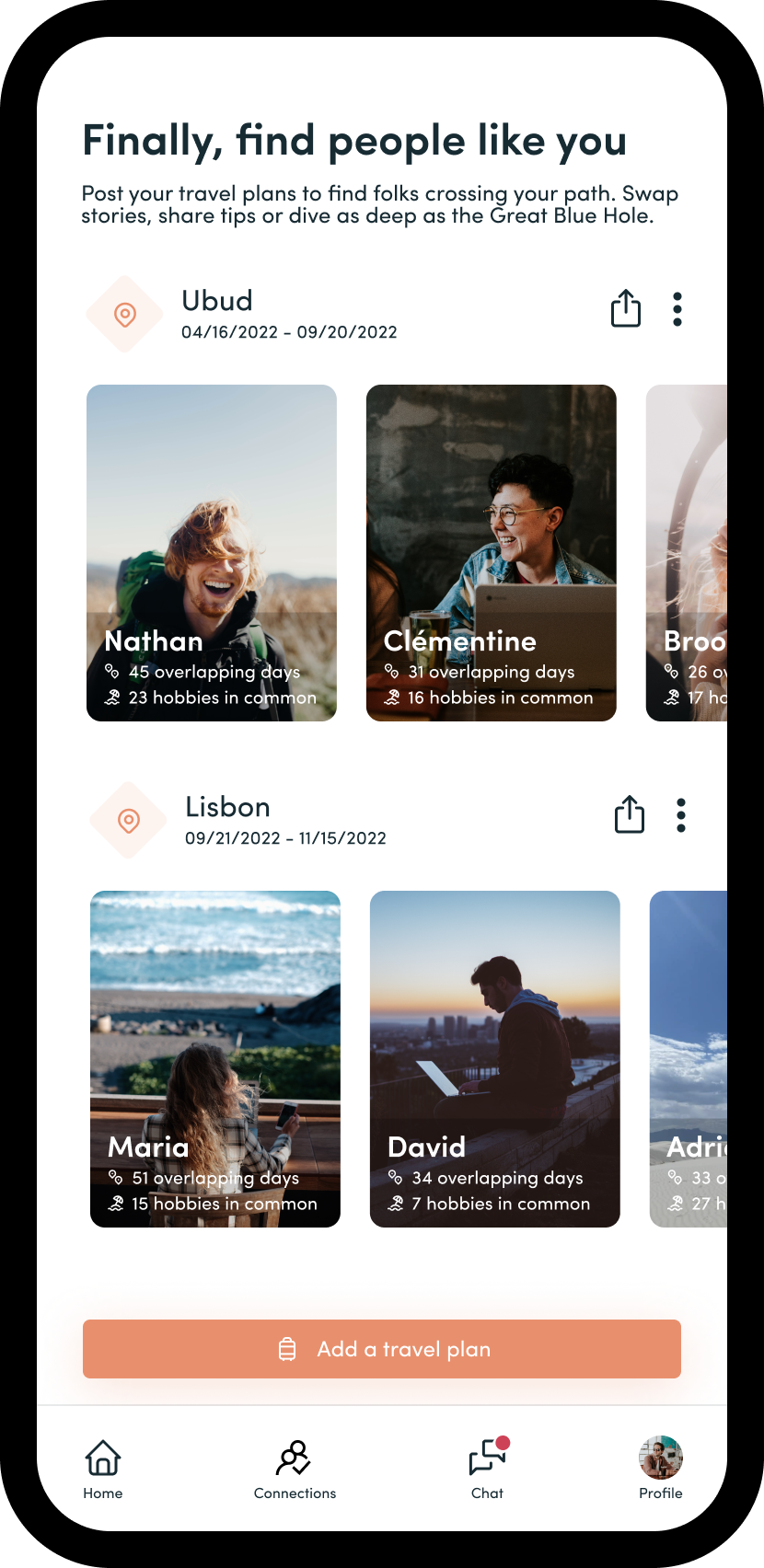 Home page, where you can see other nomads overlapping with your travel plans.