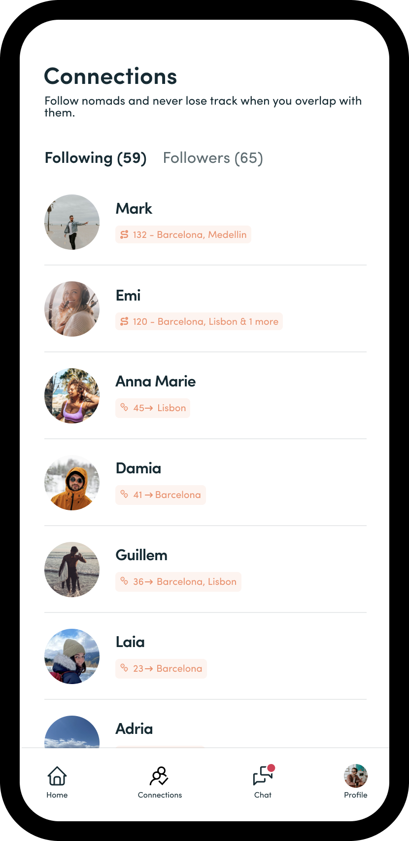 Connections page, keep track of your connections and get notified when you overlap.