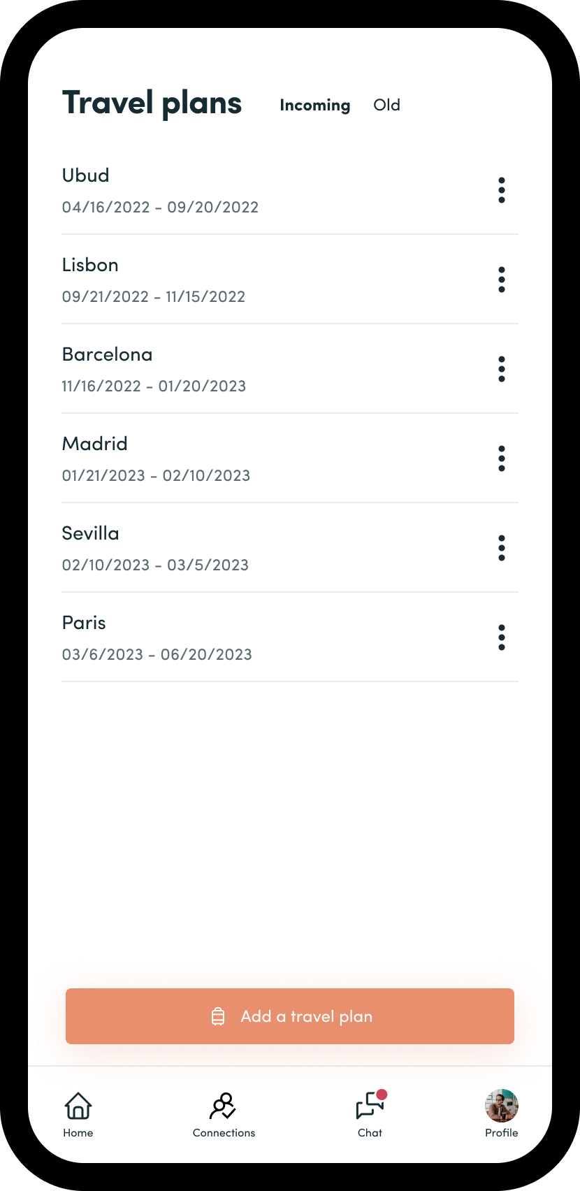 Manage your travel plans page, where you can add, update or delete your travel plans.